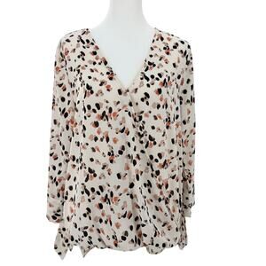 West Kei Wrap Blouse Womens Large Cream Abstract Print Long Sleeve V Neck Top